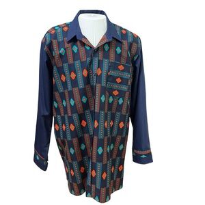 Royal Nakor Ghana Long Sleeve Button-Up Shirt L African Print Navy Red Turquoise